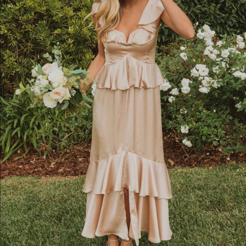 Show Me Your Mumu Reese Ruffle Dress Champagne Luxe Satin XS